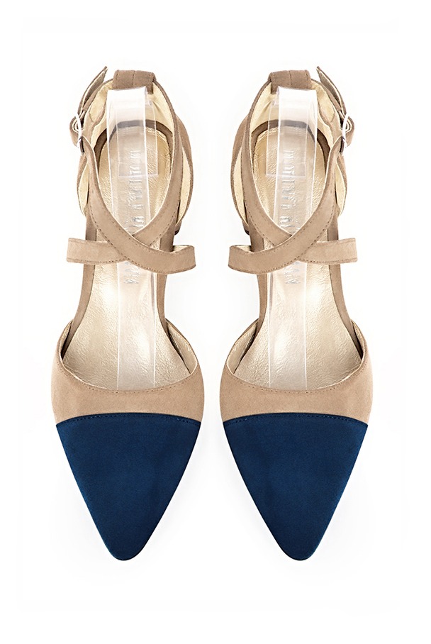 Navy blue and tan beige women's open side shoes, with crossed straps. Tapered toe. Low flare heels. Top view - Florence KOOIJMAN